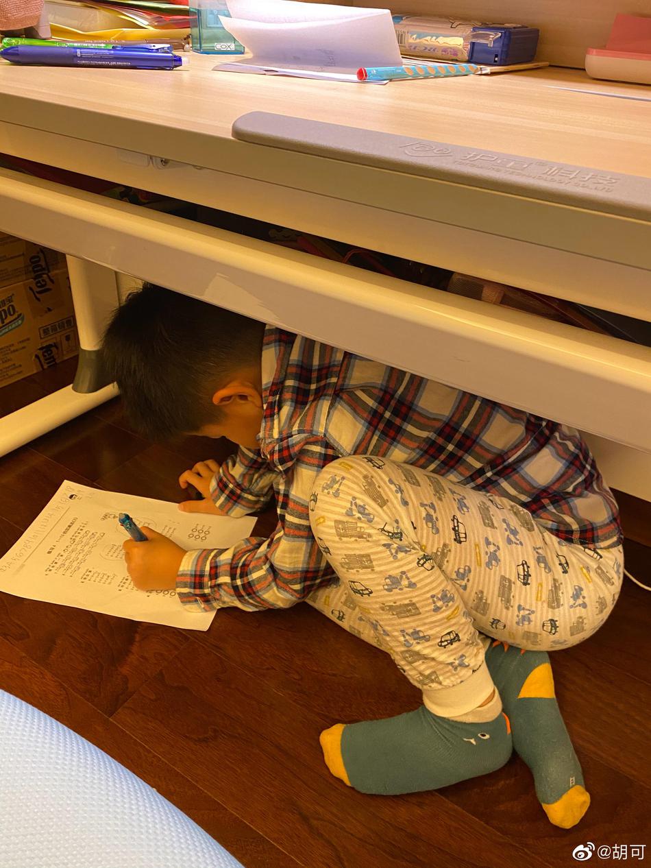安吉小鱼儿趴地写作业胡可赞儿子用功想给100分