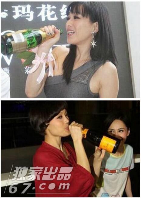 女星豪饮照PK：范冰冰张柏芝吹瓶 王菲捧巨杯显呆萌